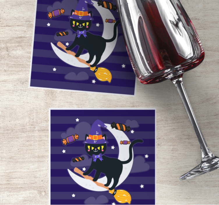 Untersetzer halloween hexenkatze auf besen - TenStickers