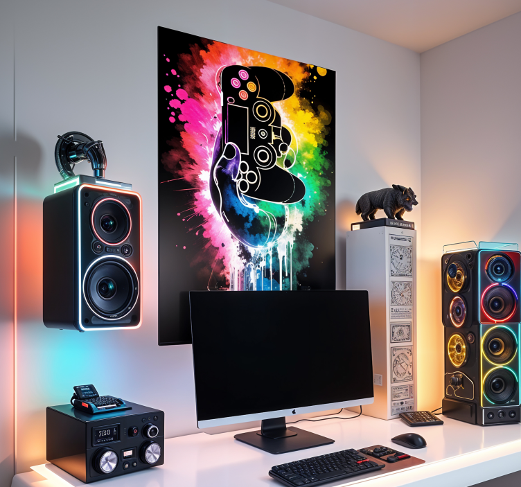 Gaming Poster Controller mit Neon Farbspritzern - TenStickers