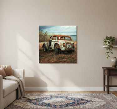 Poster wohnzimmer altes schmutziges auto im feld - TenStickers