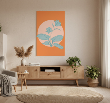 Poster wohnzimmer blaue blumen auf orangefarbenen formen - TenStickers