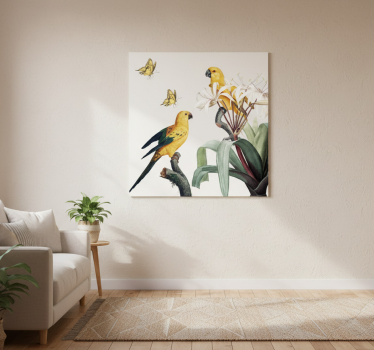 Poster wohnzimmer papageien mit gelben blumen und schmetterlingen - TenStickers