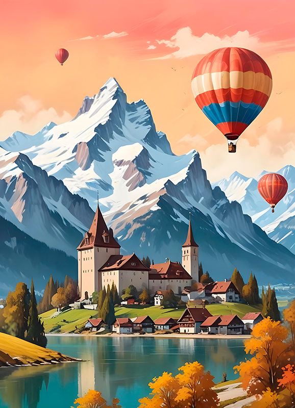 Poster Landschaft stadt chateau d'oex - TenStickers