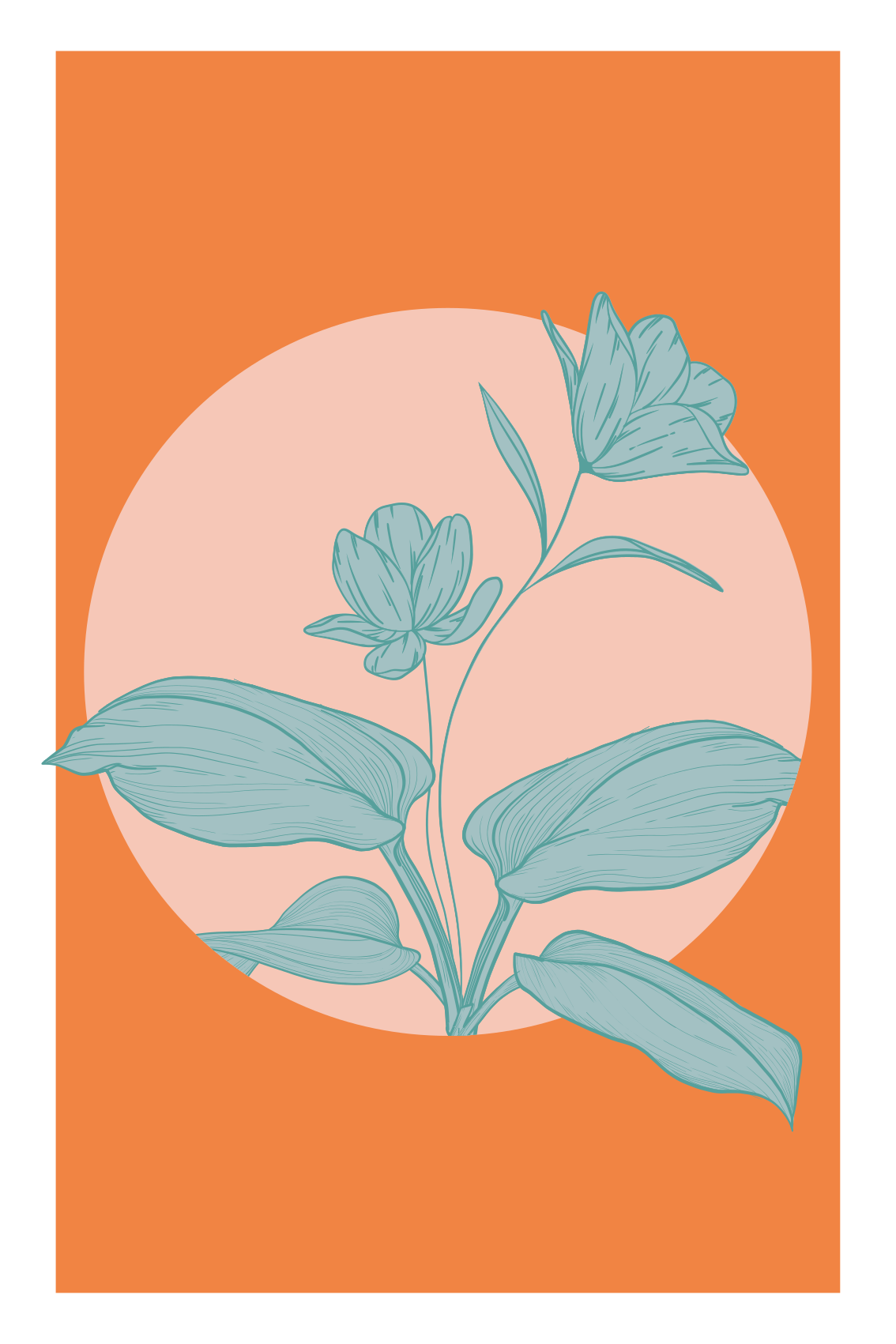 Poster wohnzimmer blaue blumen auf orangefarbenen formen - TenStickers