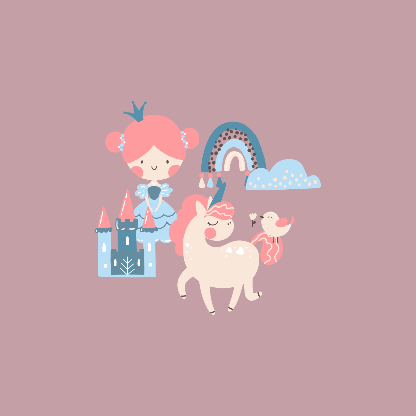 Poster kinderzimmer einhorn und prinzessin in pastellfarben - TenStickers