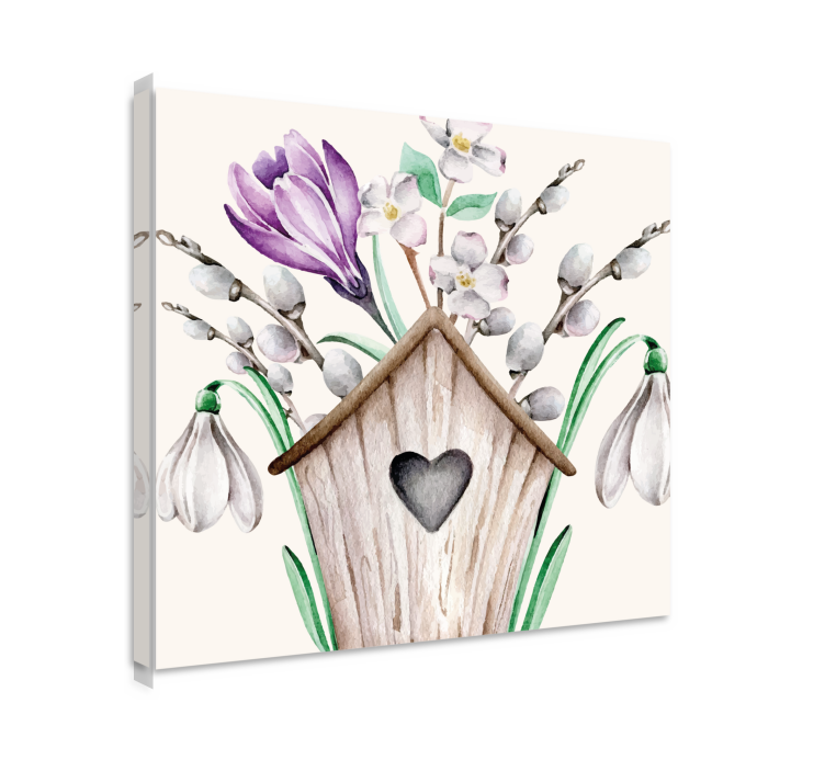 Leinwandbild vogelhaus mit blumenarrangement - TenStickers