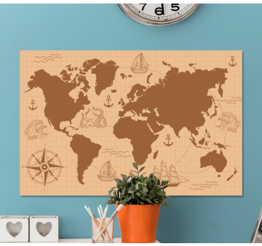Wandbild Weltkarte Braun mit kompass - TenStickers