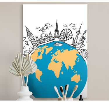 Wandbild Weltkarte Wahrzeichen symbole - TenStickers