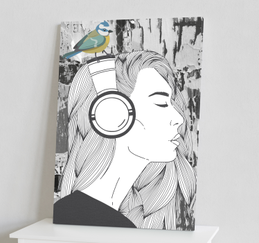 Wandbilder Kunst Frau mit kopfhörern und vogel - TenStickers
