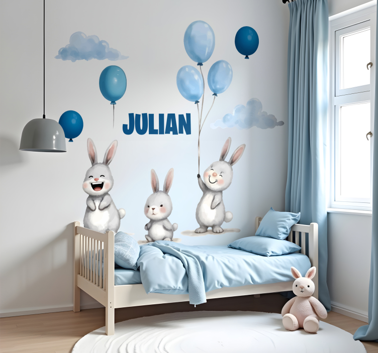 Wandtattoo Kinderzimmer blaue Luftballons mit Hasen - TenStickers