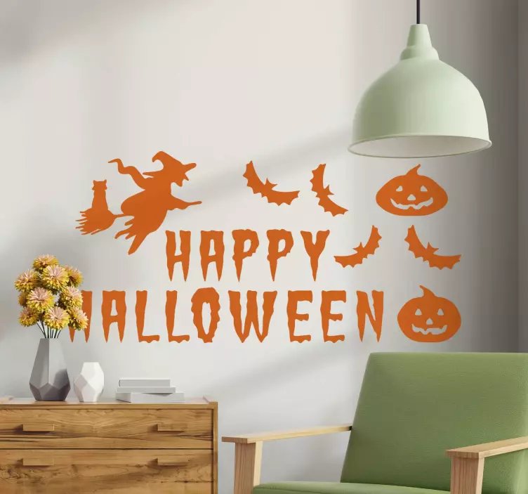 Wandtattoo Halloween Text mit einer Hexe und Fledermäusen - TenStickers