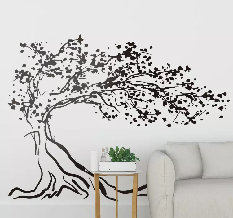 Wandtattoo Wohnzimmer mit Baum im Wind einfarbig - TenStickers