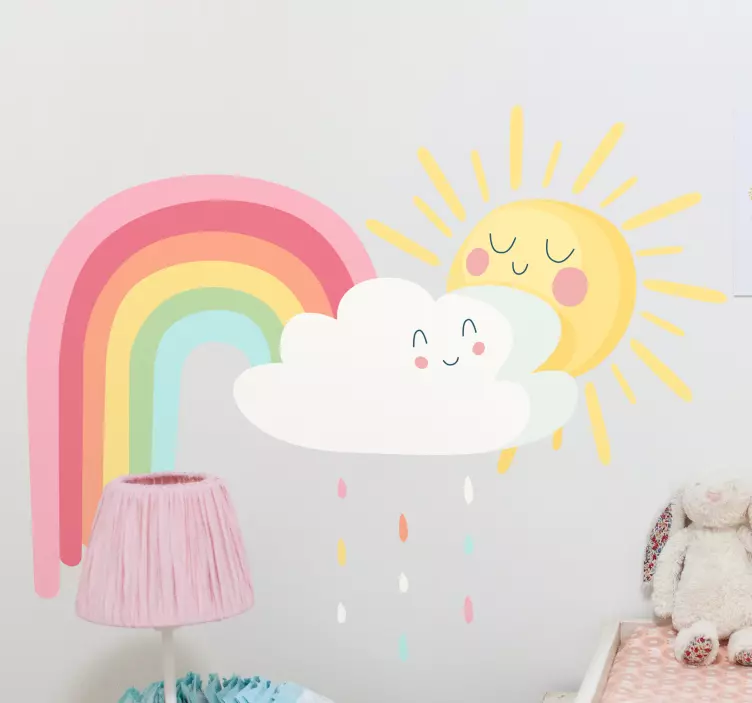 Wandsticker Comic Glückliche sonne und wolken mit regenbogen - TenStickers