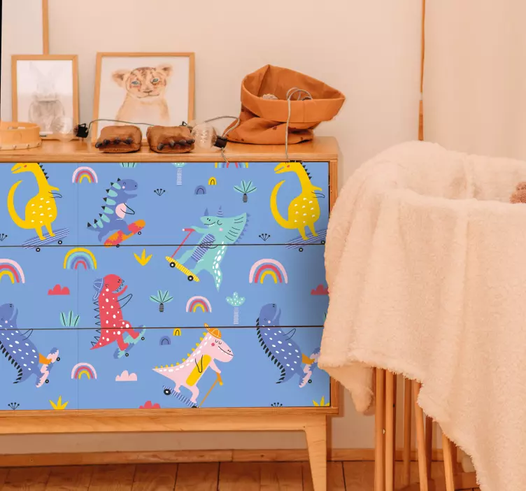 Klebefolie Möbel Süße skater-dinosaurier - TenStickers