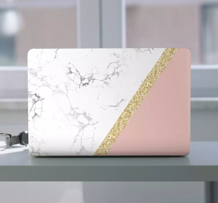 Laptop Sticker Weißer marmor mit rosa und goldenen formen - TenStickers