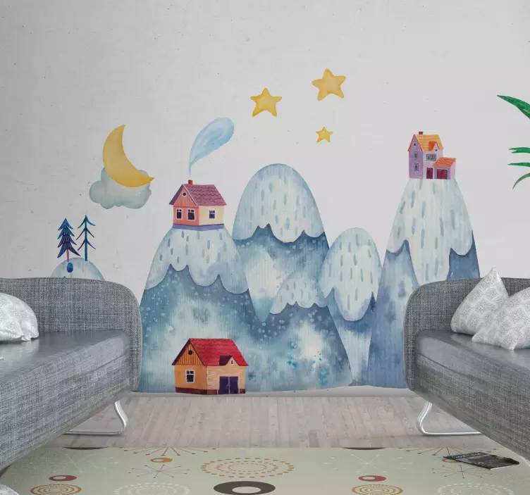Wandtattoo Natur Berg mit häusern auf blauem Hintergrund - TenStickers
