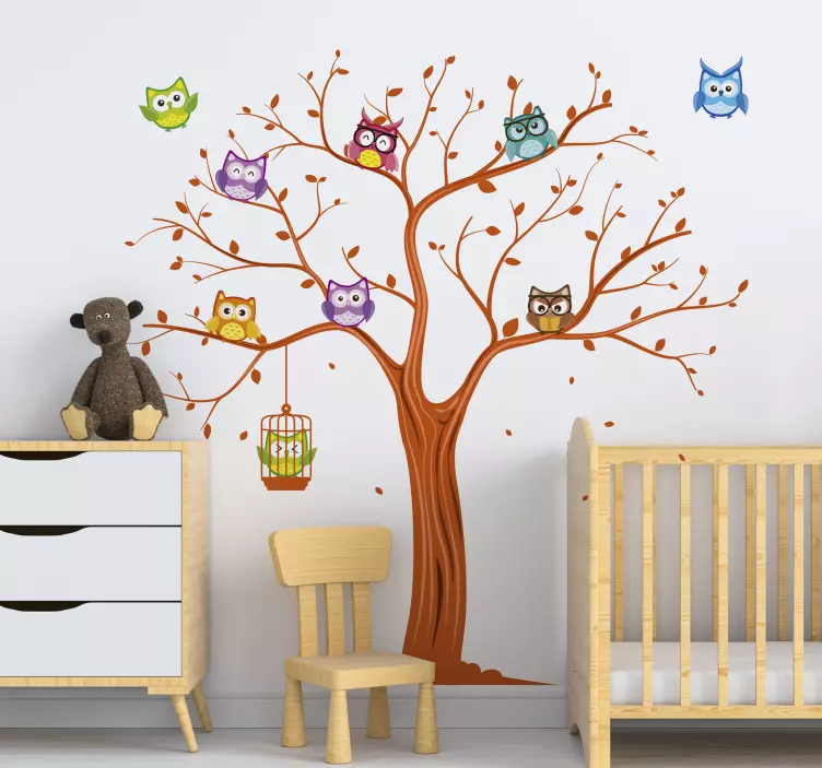 Wandtattoo Kinderzimmer mit Baum bunte Eulen - TenStickers