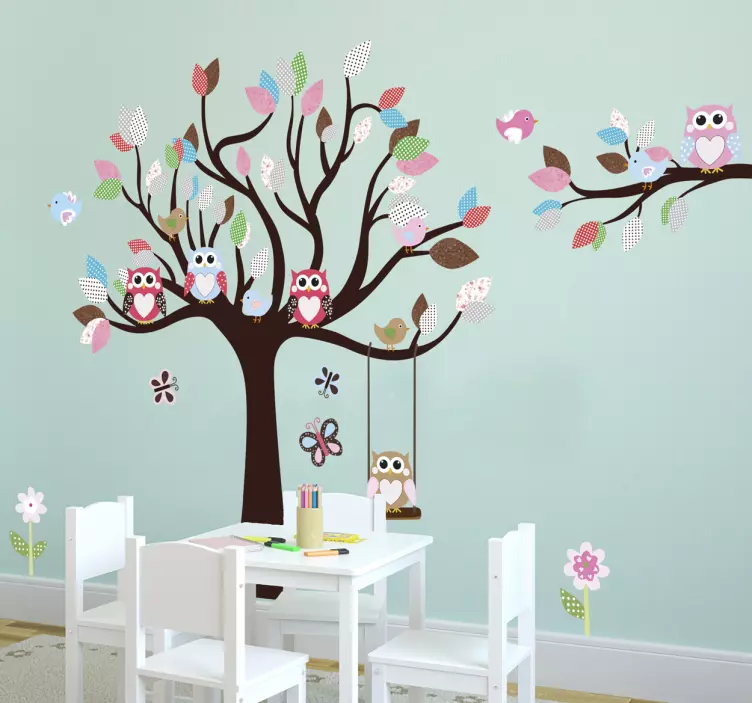 Wandtattoo Kinderzimmer Baum mit bunten Eulen - TenStickers