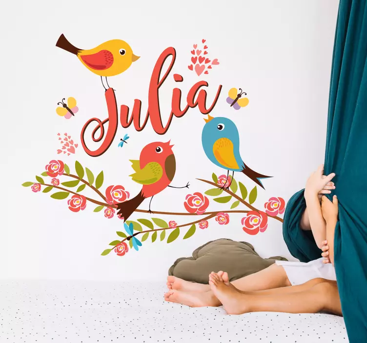 Wandtattoo Kind Vögel Blumen personalisiert - TenStickers