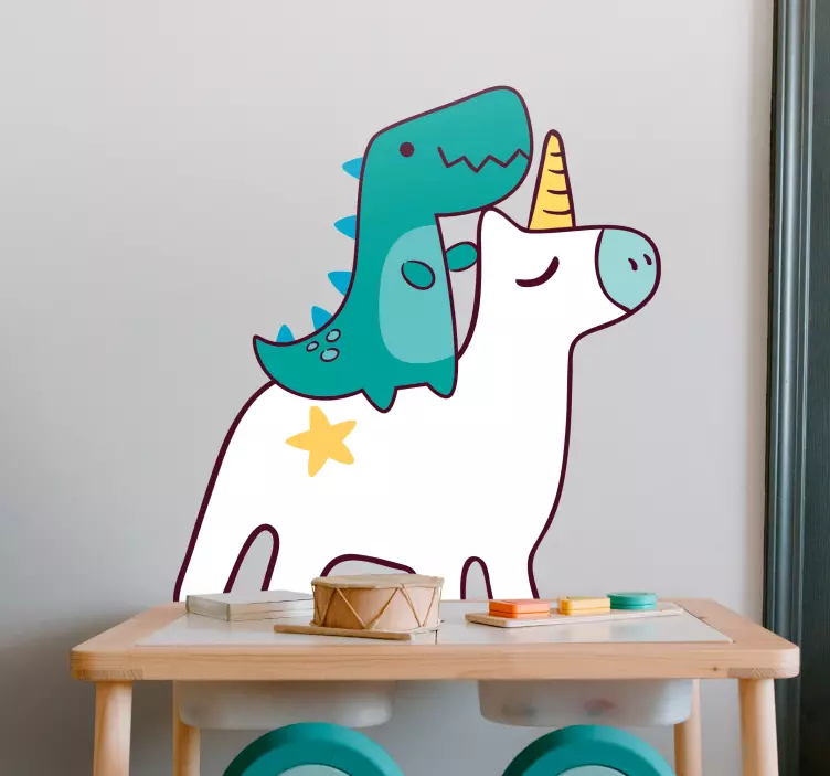 Wandtattoo Kinderzimmer dinosaurier reitet einhorn - TenStickers