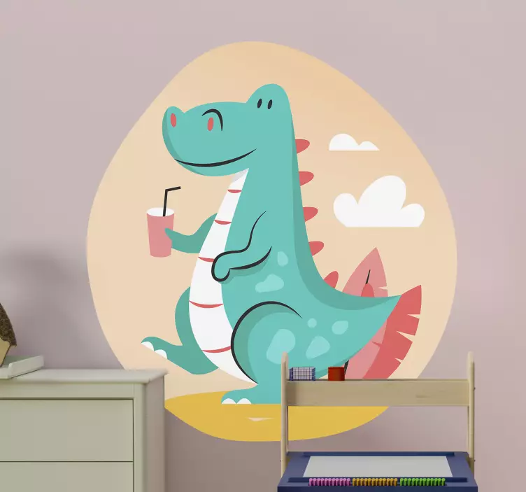 Wandtattoo kinderzimmer fröhlicher dinosaurier mit getränk - TenStickers