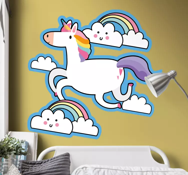 Wandtattoo Kinderzimmer einhorn läuft mit wolken - TenStickers