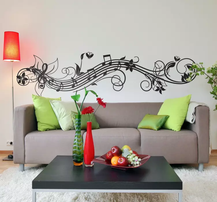 Wandtattoo Wohnzimmer modern Musik und Blumenranke - TenStickers