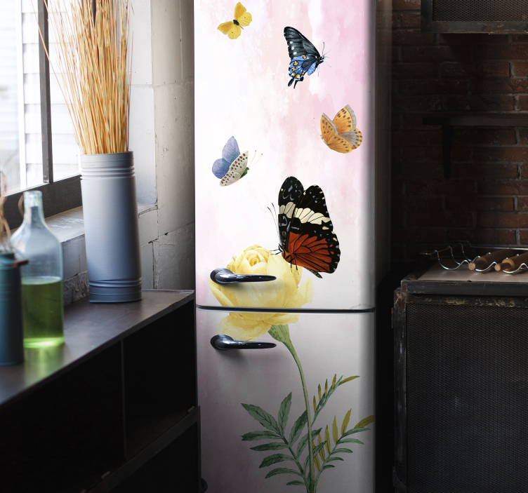 Folie Kühlschrank schmetterling blumenarrangement - TenStickers