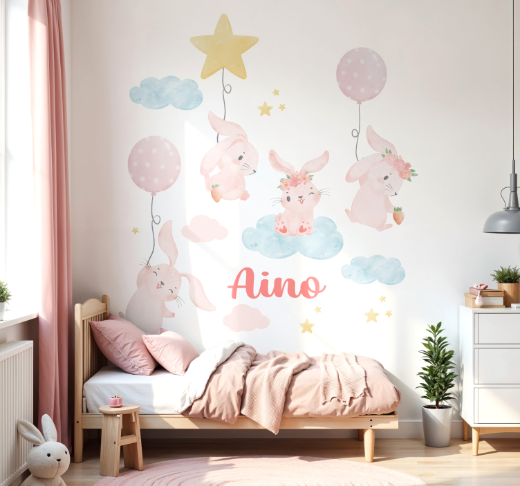 Wandtattoo Kinderzimmer rosa Luftballons mit Häschen - TenStickers