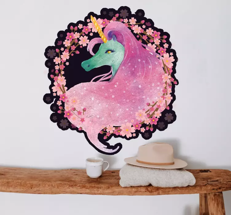 Wandtattoo Kinderzimmer einhorn in blumenkrone - TenStickers