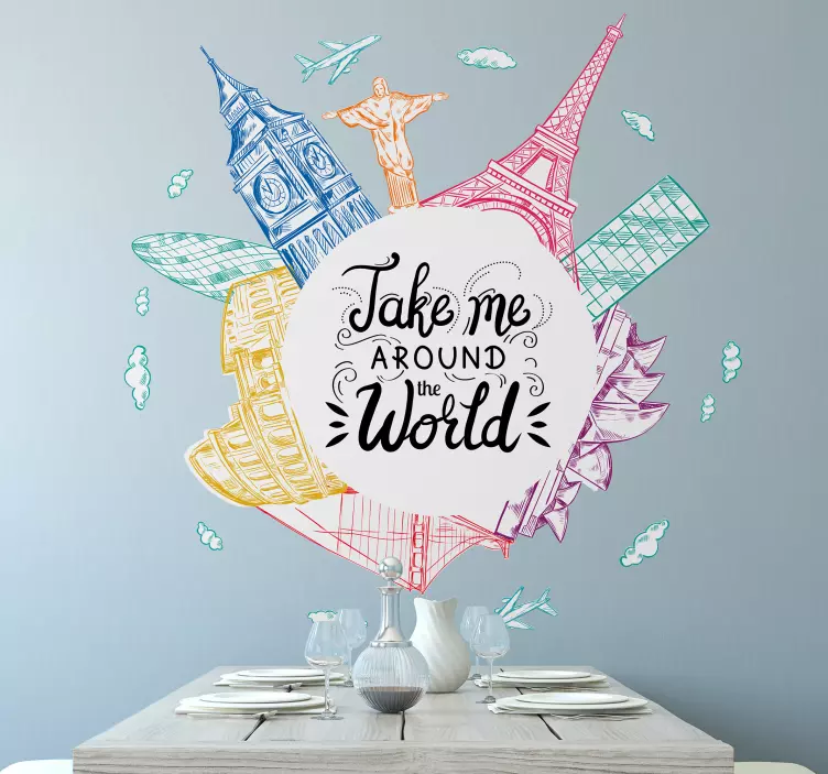 Wandtattoo Welt abbildung berühmter wahrzeichen - TenStickers