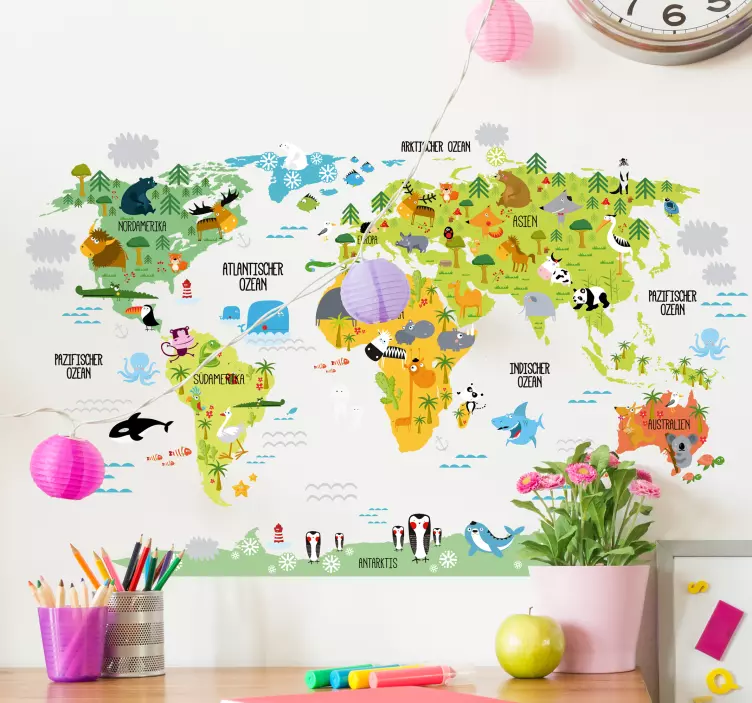 Wandtattoo Weltkarte Kinderzimmer mit Tieren - TenStickers