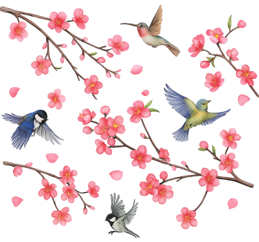Fensteraufkleber vögel auf zweigen mit blumen - TenStickers