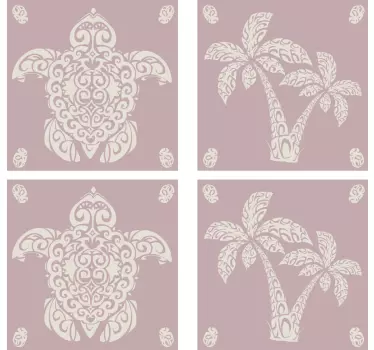 Hawaii Schildkröte und Palmenmuster Fliesenaufkleber - TenStickers