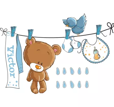 Wandtattoo Wäscheleine Teddybär für Kinder - TenStickers