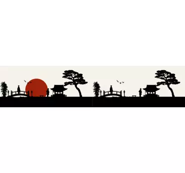 Bordüre selbstklebend Japanischer Vogel mit Sonne und Bäumen - TenStickers