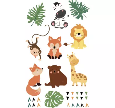 Wandtattoo Kinderzimmer süße wilde Tiere mit Blättern - TenStickers