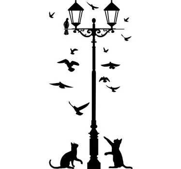 Wandtattoo Wohnzimmer Katzen Vögel und Laterne - TenStickers