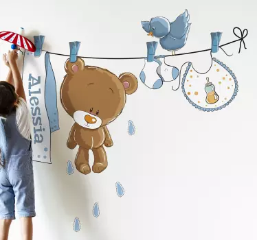 Wandtattoo Wäscheleine Teddybär für Kinder - TenStickers
