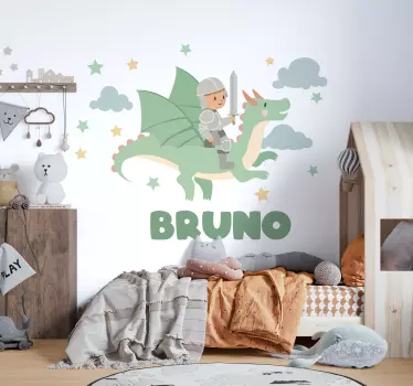 Wandtattoo Zeichnung kleiner ritter auf einem drachen - TenStickers