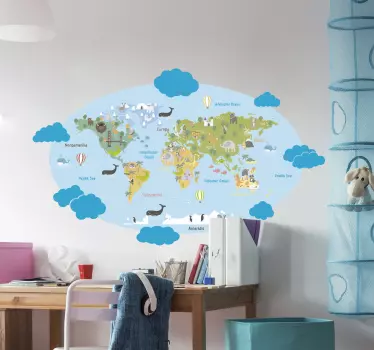 Wandtattoo für Zuhause Weltkarte mit Wolken - TenStickers