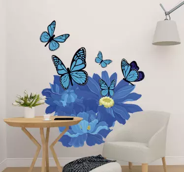 Blume Aufkleber Blaue aquarellblumen mit schmetterlingen - TenStickers