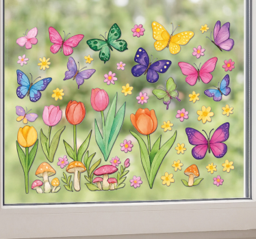 Fensteraufkleber bunte schmetterlinge und pflanzen - TenStickers
