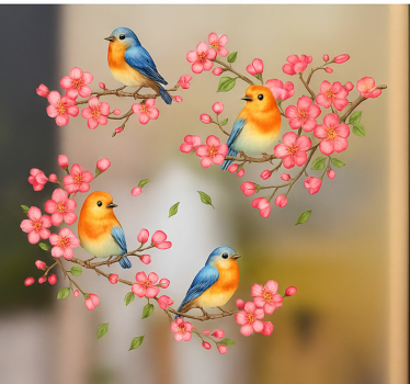 Fensteraufkleber rosa blumen und vögel - TenStickers