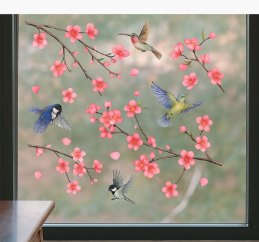 Fensteraufkleber vögel auf zweigen mit blumen - TenStickers