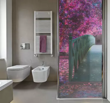 Klebefolie mit Holzbrücke in der Landschaft für die Dusche - TenStickers