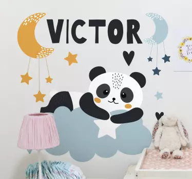 Kinderzimmer Wandtattoo Sterne Panda auf Wolke mit Namen - TenStickers