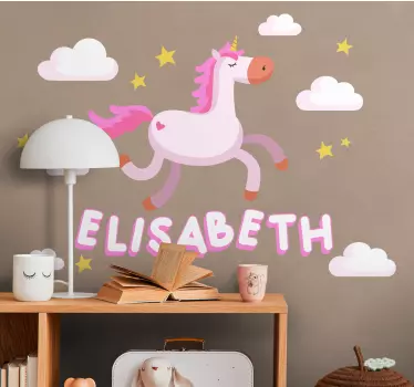 Märchen Sticker Rosa Einhorn mit Wolken und Namen - TenStickers