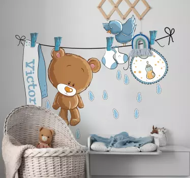 Wandtattoo Wäscheleine Teddybär für Kinder - TenStickers