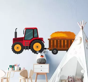 Wandtattoo Kinderzimmer Traktor in Rot mit Heuhaufen - TenStickers
