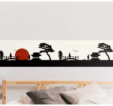 Bordüre selbstklebend Japanischer Vogel mit Sonne und Bäumen - TenStickers